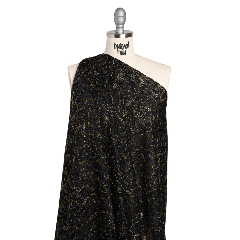 Stretch Metallic Corded Lace with Finished Edges - Black and Gold Tropical Blossoms - Ottilie Collection - Drape