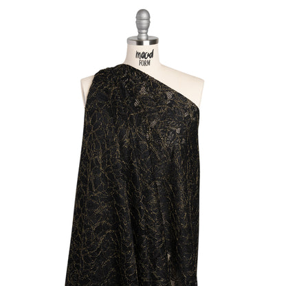 Stretch Metallic Corded Lace with Finished Edges - Black and Gold Tropical Blossoms - Ottilie Collection