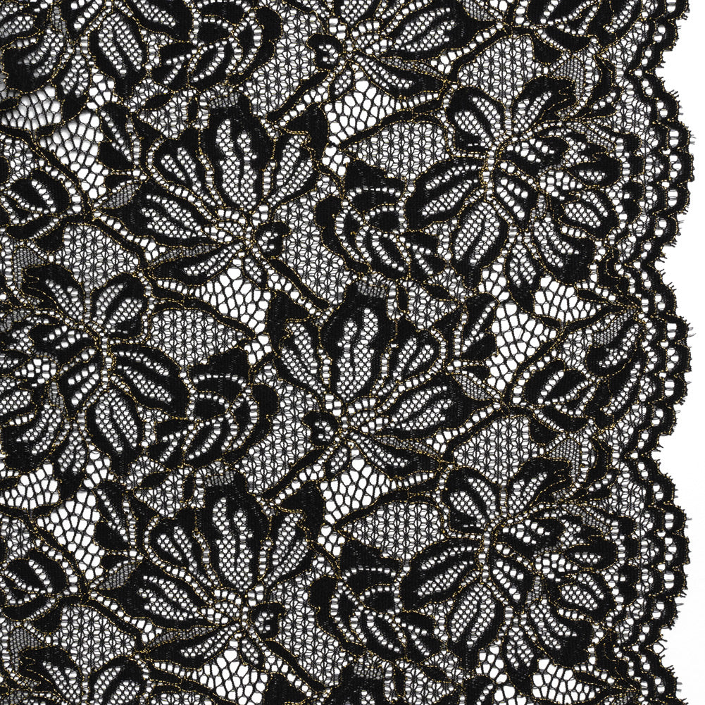 Stretch Metallic Corded Lace with Finished Edges - Black and Gold Tropical Blossoms - Ottilie Collection