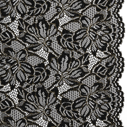 Stretch Metallic Corded Lace with Finished Edges - Black and Gold Tropical Blossoms - Ottilie Collection