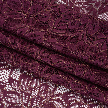Stretch Metallic Corded Lace with Finished Edges - Dark Purple and Gold Tropical Blossoms - Ottilie Collection