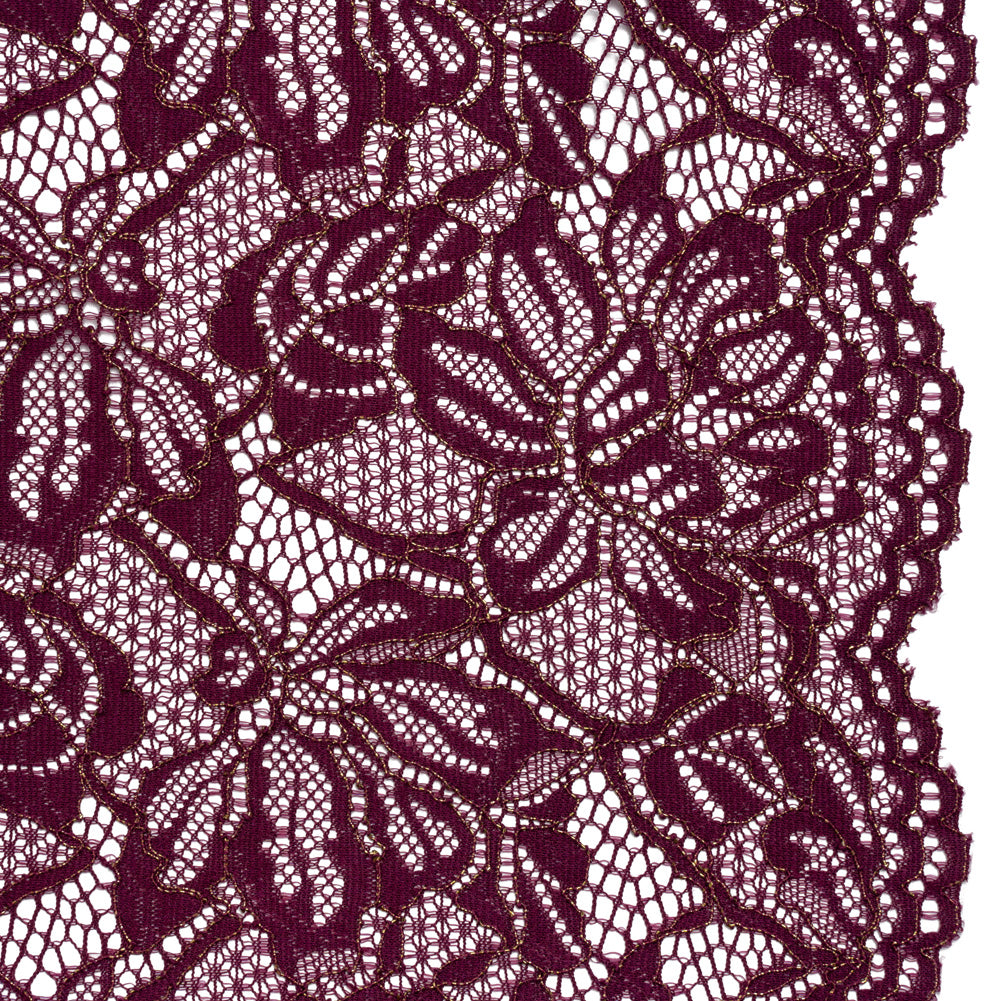 Stretch Metallic Corded Lace with Finished Edges - Dark Purple and Gold Tropical Blossoms - Ottilie Collection