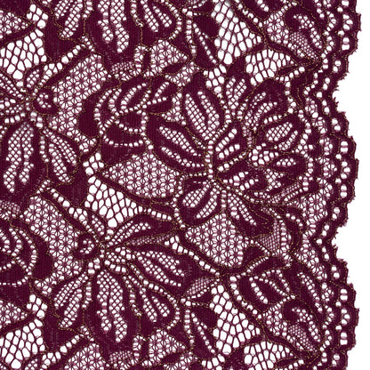 Stretch Metallic Corded Lace with Finished Edges - Dark Purple and Gold Tropical Blossoms - Ottilie Collection