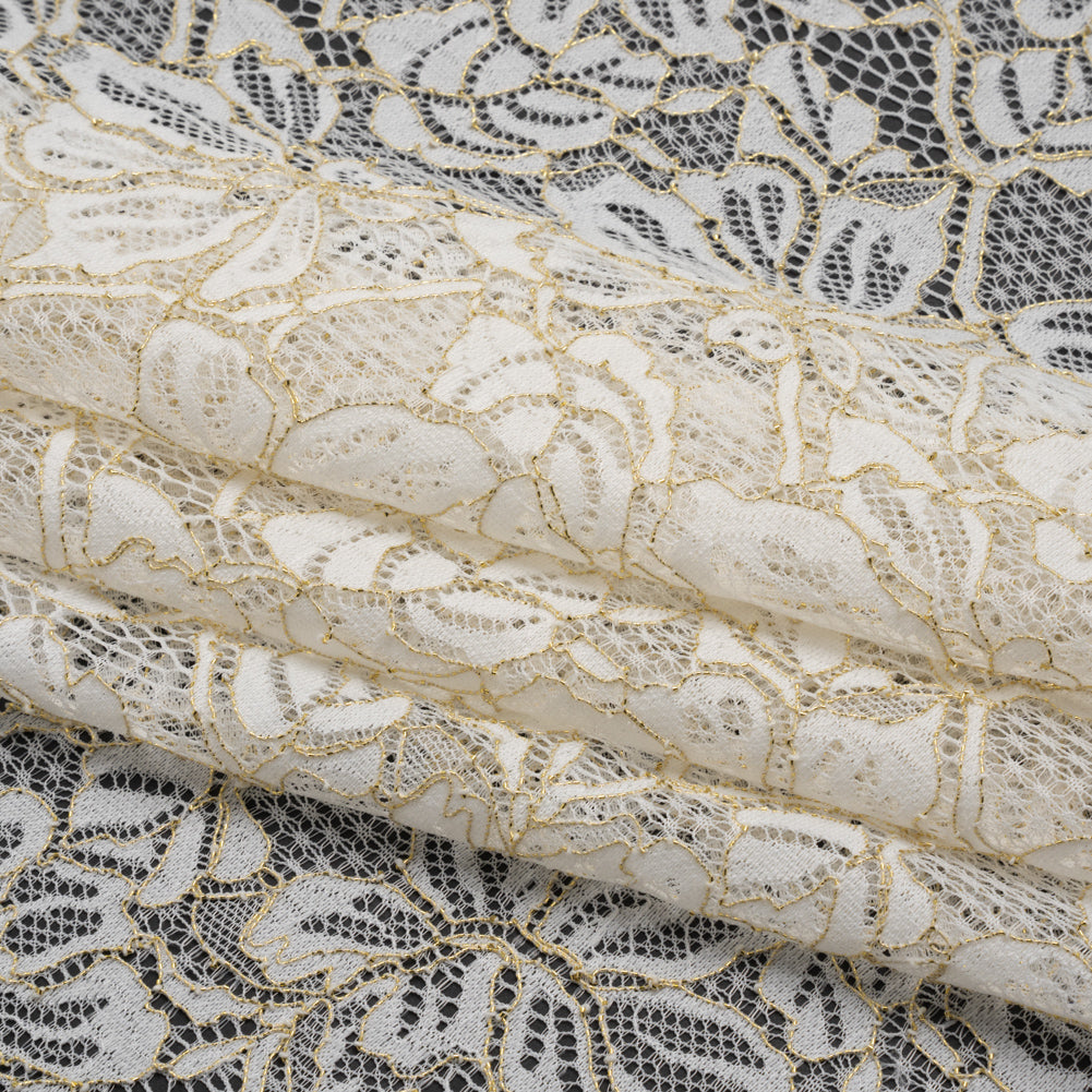 Stretch Metallic Corded Lace with Finished Edges - Ivory and Gold Tropical Blossoms - Ottilie Collection - Folded