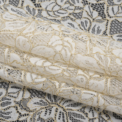 Stretch Metallic Corded Lace with Finished Edges - Ivory and Gold Tropical Blossoms - Ottilie Collection