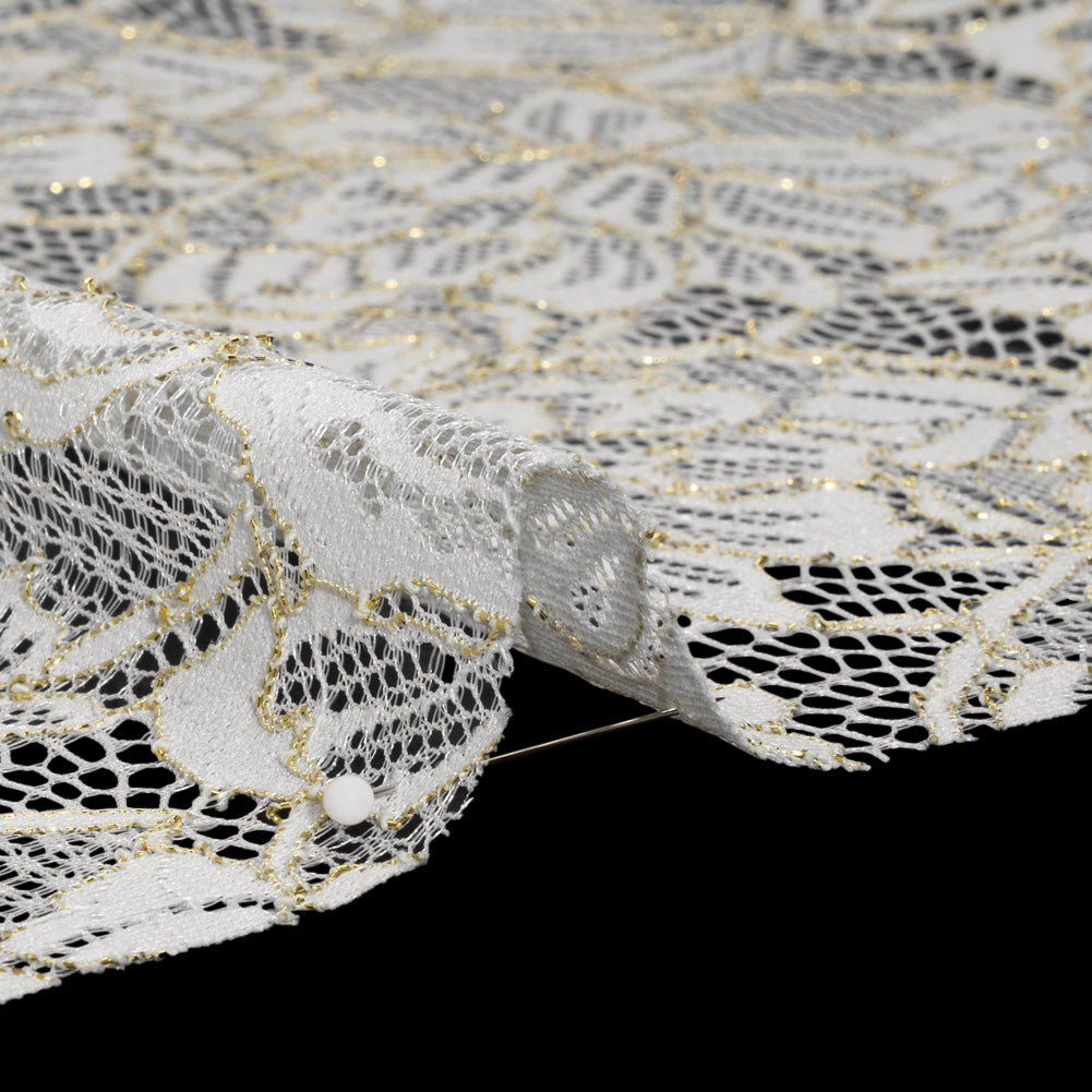 Stretch Metallic Corded Lace with Finished Edges - Ivory and Gold Tropical Blossoms - Ottilie Collection - Detail