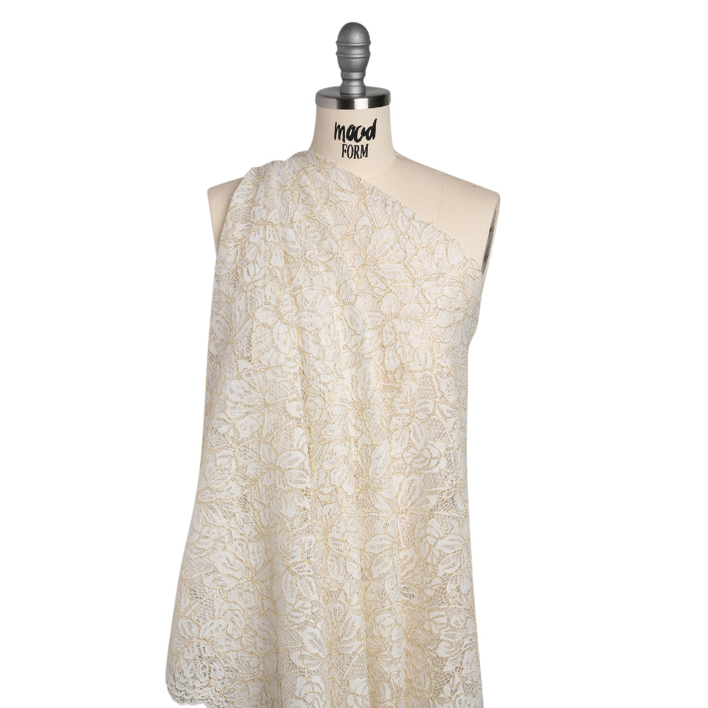 Stretch Metallic Corded Lace with Finished Edges - Ivory and Gold Tropical Blossoms - Ottilie Collection - Drape