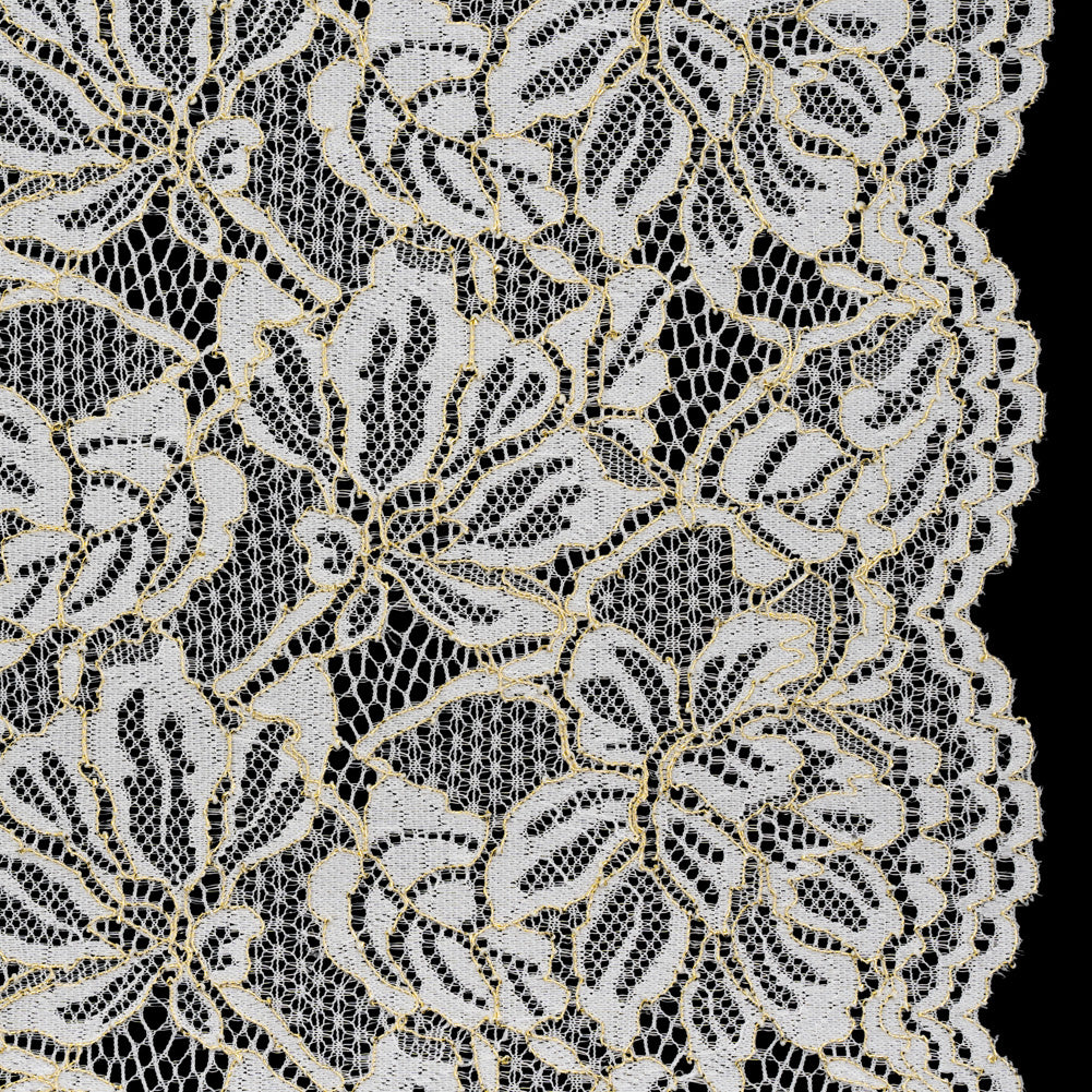 Stretch Metallic Corded Lace with Finished Edges - Ivory and Gold Tropical Blossoms - Ottilie Collection