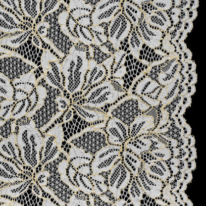 Stretch Metallic Corded Lace with Finished Edges - Ivory and Gold Tropical Blossoms - Ottilie Collection