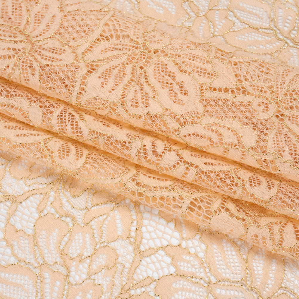 Stretch Metallic Corded Lace with Finished Edges - Linen Beige and Gold Tropical Blossoms - Ottilie Collection - Folded