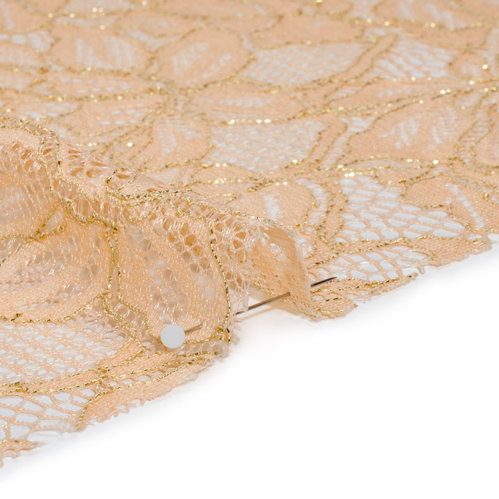 Stretch Metallic Corded Lace with Finished Edges - Linen Beige and Gold Tropical Blossoms - Ottilie Collection - Detail