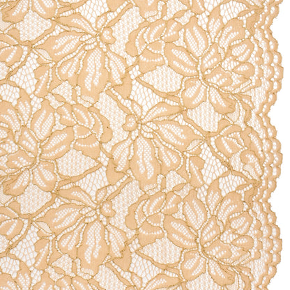 Stretch Metallic Corded Lace with Finished Edges - Linen Beige and Gold Tropical Blossoms - Ottilie Collection