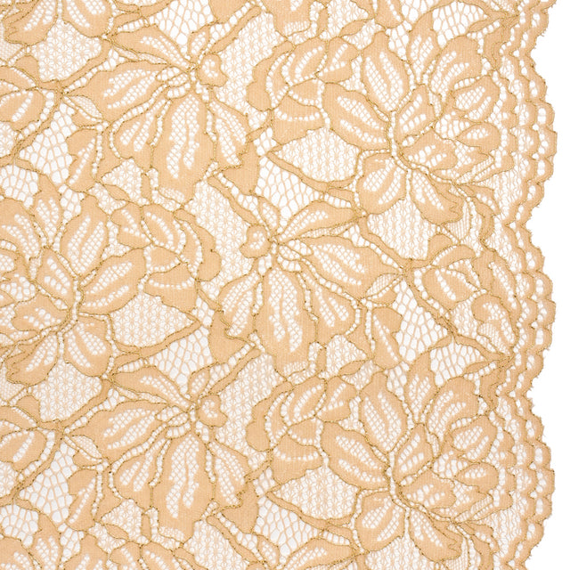 Stretch Metallic Corded Lace with Finished Edges - Linen Beige and Gold Tropical Blossoms - Ottilie Collection
