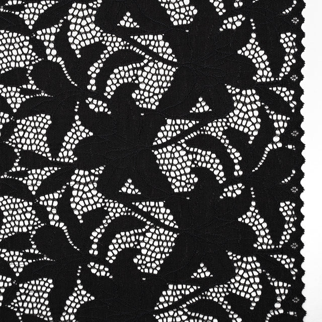 Recycled Stretch Raschel Lace with Finished Edges - Black Dancing Lilies