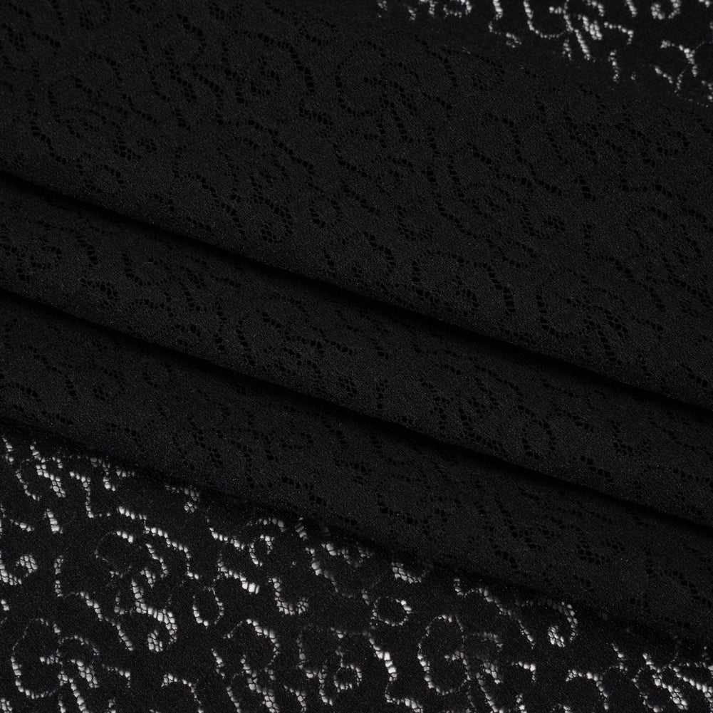 Stretch Raschel Lace - Black Dense Allover Floral - Folded