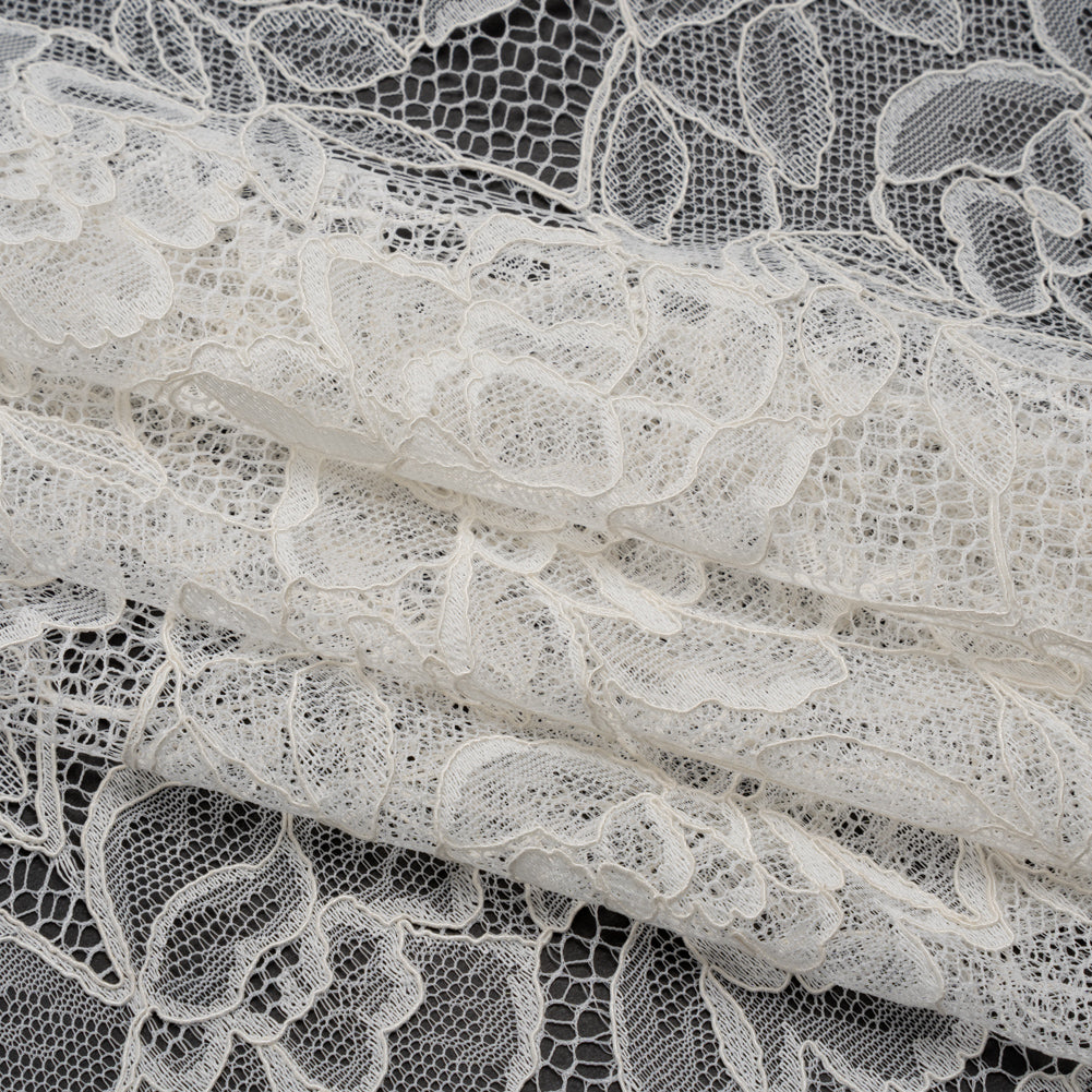 Corded Lace with Finished Edge - Soft White Sweeping Roses - Folded