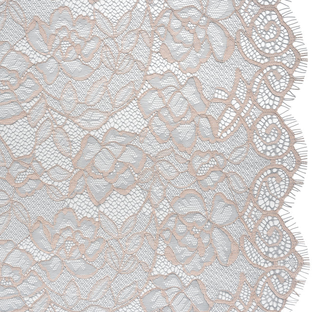 Corded Lace with Finished Edge - Seashell Pink on Dusty Blue Sweeping Roses