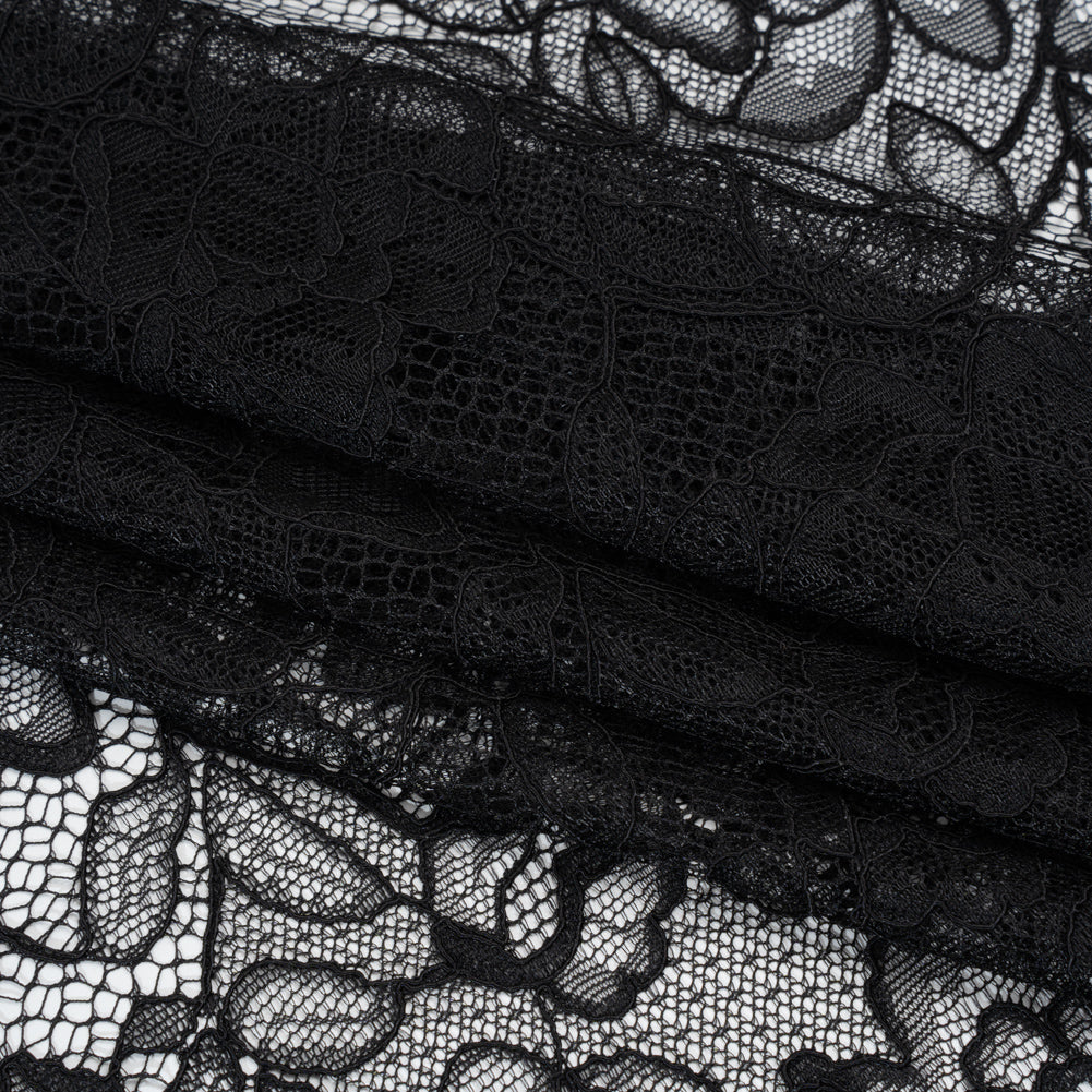 Corded Lace with Finished Edge - Black Sweeping Roses - Folded