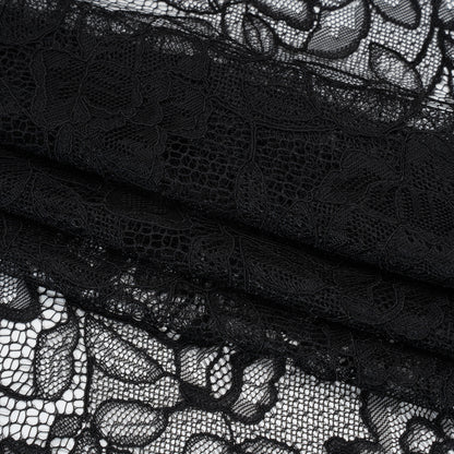 Corded Lace with Finished Edge - Black Sweeping Roses