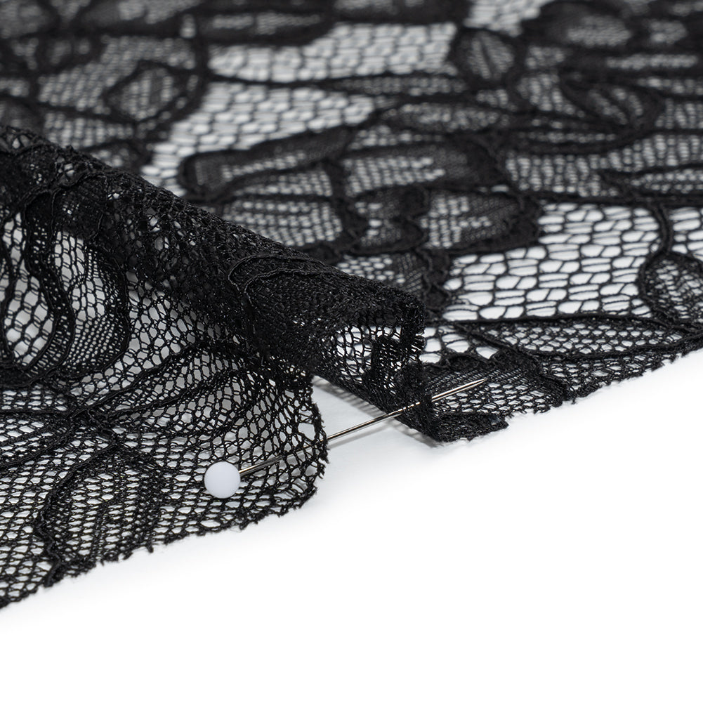 Corded Lace with Finished Edge - Black Sweeping Roses - Detail