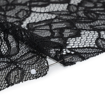 Corded Lace with Finished Edge - Black Sweeping Roses