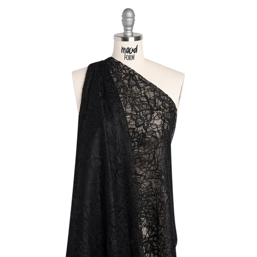 Corded Lace with Finished Edge - Black Sweeping Roses - Drape
