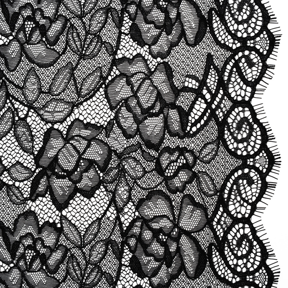 Corded Lace with Finished Edge - Black Sweeping Roses