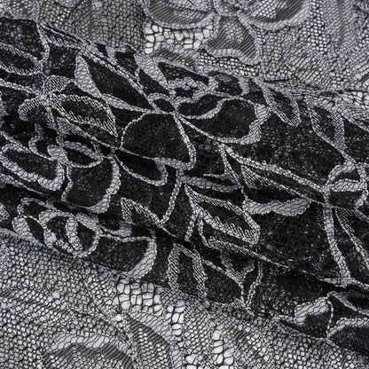 Corded Lace with Finished Edge - White on Black Sweeping Roses