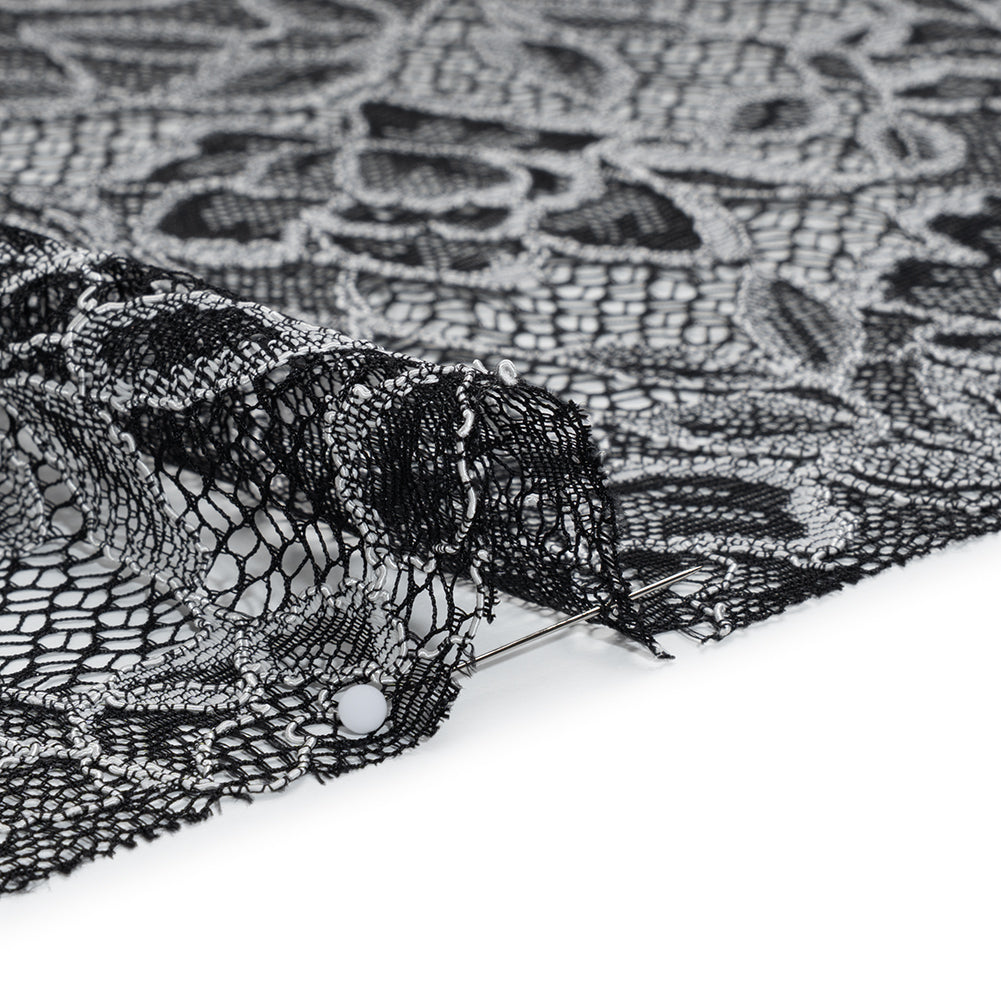 Corded Lace with Finished Edge - White on Black Sweeping Roses - Detail