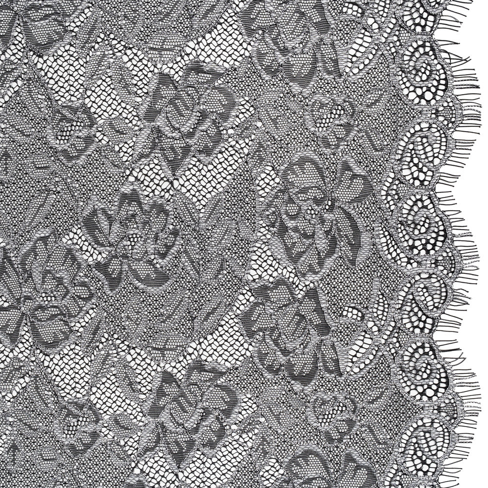Corded Lace with Finished Edge - White on Black Sweeping Roses