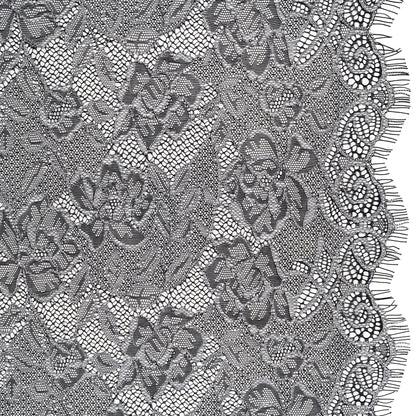 Corded Lace with Finished Edge - White on Black Sweeping Roses