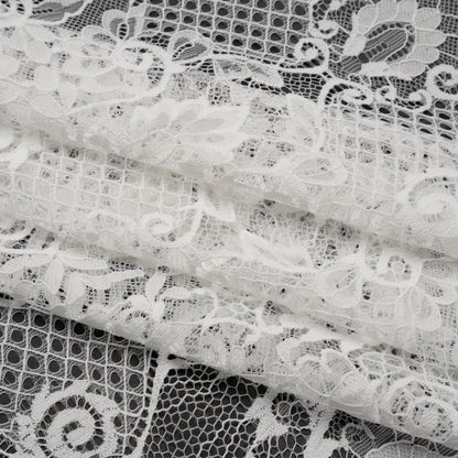 Re-Embroidered Raschel Lace with Scalloped Finished Edges - Ivory Leafy Swirls and Lattices