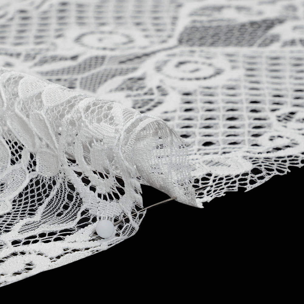 Re-Embroidered Raschel Lace with Scalloped Finished Edges - Ivory Leafy Swirls and Lattices - Detail