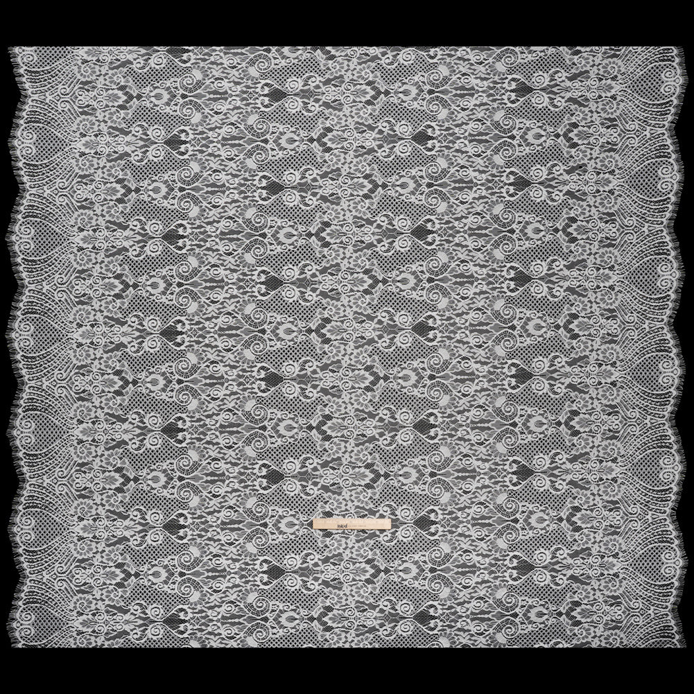 Re-Embroidered Raschel Lace with Scalloped Finished Edges - Ivory Leafy Swirls and Lattices - Full