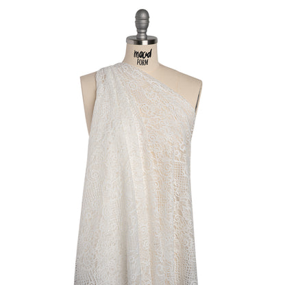 Re-Embroidered Raschel Lace with Scalloped Finished Edges - Ivory Leafy Swirls and Lattices
