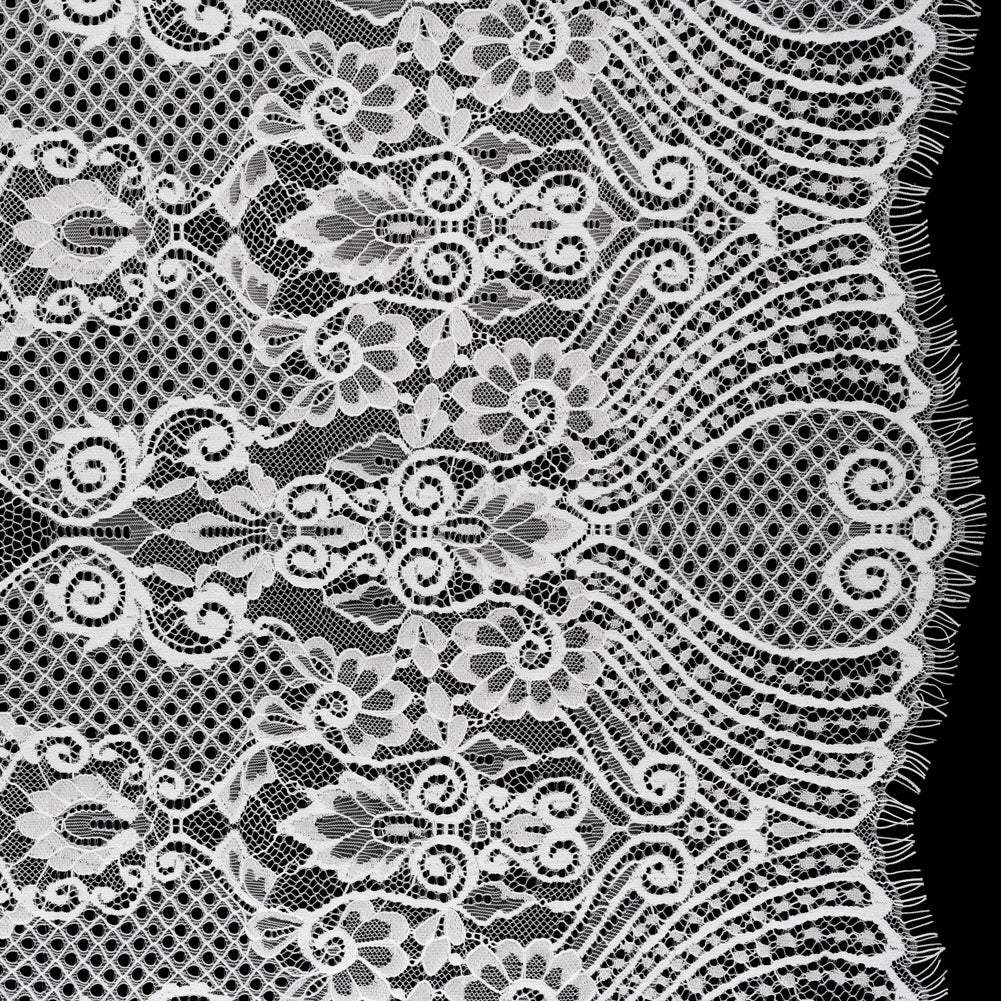 Re-Embroidered Raschel Lace with Scalloped Finished Edges - Ivory Leafy Swirls and Lattices