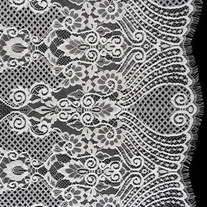 Re-Embroidered Raschel Lace with Scalloped Finished Edges - Ivory Leafy Swirls and Lattices