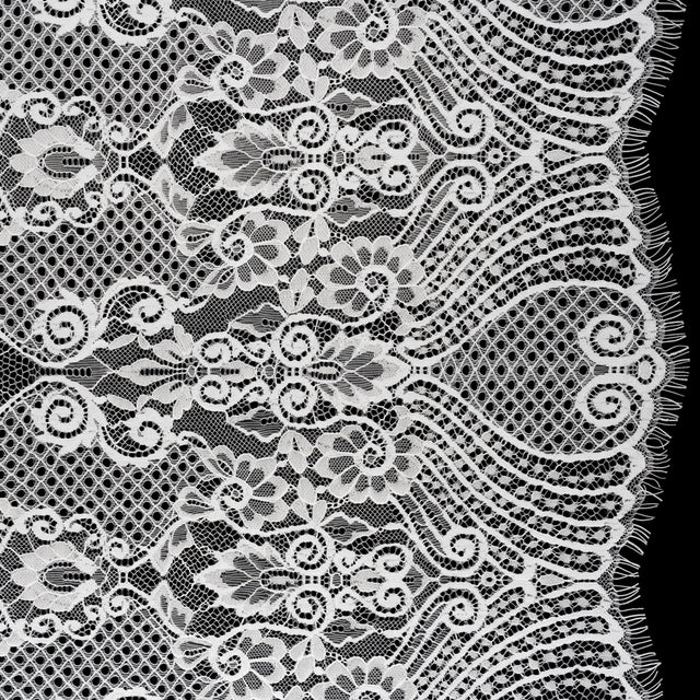 Re-Embroidered Raschel Lace with Scalloped Finished Edges - Ivory Leafy Swirls and Lattices