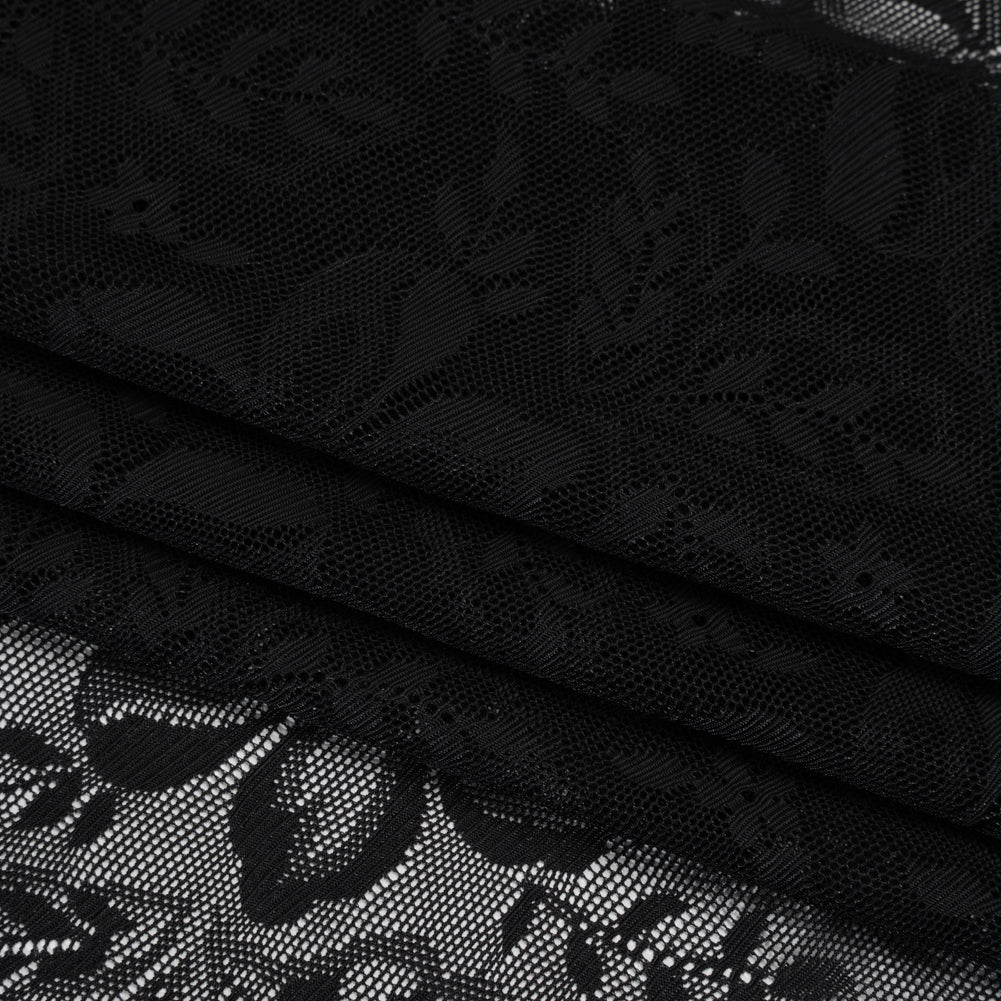 Stretch Nylon Lace - Black Fancy Flowers - Folded