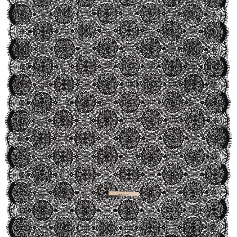 Nylon Raschel Lace Panel with Finished Scalloped Edges - Black Floral Medallions - Full