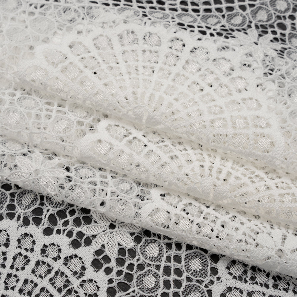 Nylon Raschel Lace Panel with Finished Scalloped Edges - Ivory Floral Medallions - Folded