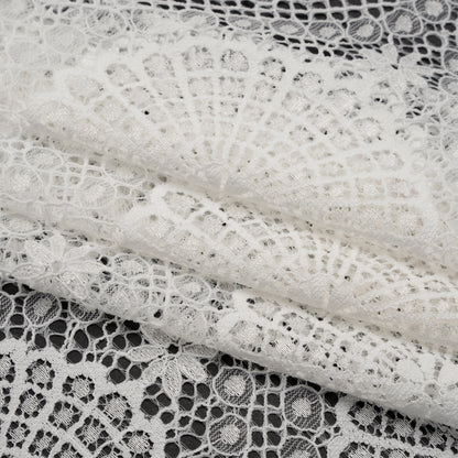 Nylon Raschel Lace Panel with Finished Scalloped Edges - Ivory Floral Medallions