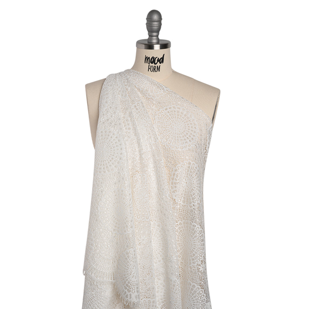 Nylon Raschel Lace Panel with Finished Scalloped Edges - Ivory Floral Medallions - Drape