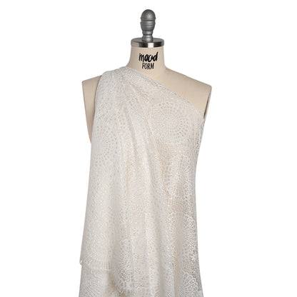 Nylon Raschel Lace Panel with Finished Scalloped Edges - Ivory Floral Medallions