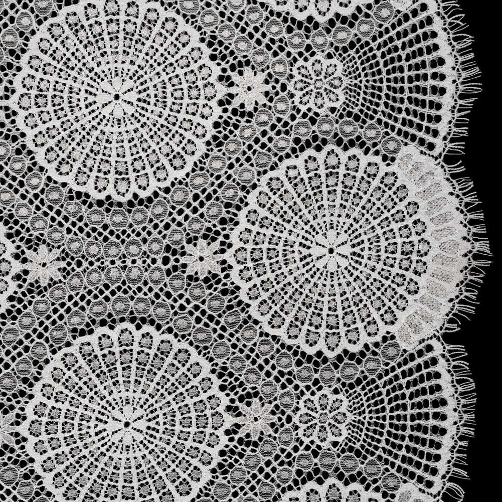 Nylon Raschel Lace Panel with Finished Scalloped Edges - Ivory Floral Medallions