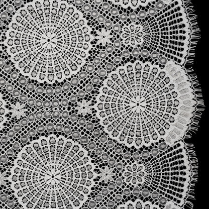 Nylon Raschel Lace Panel with Finished Scalloped Edges - Ivory Floral Medallions