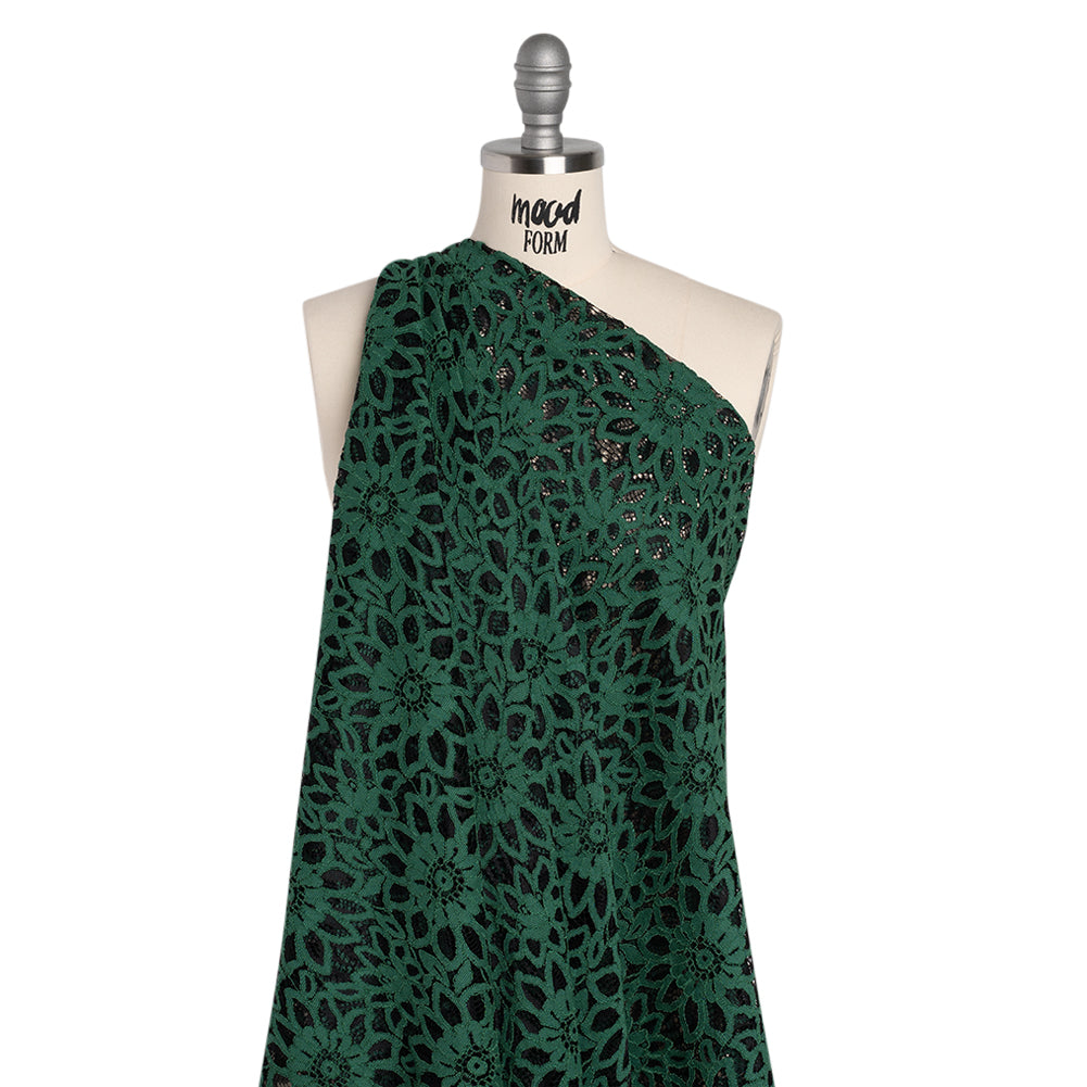 Corded Lace with Finished Scalloped Edges - Bay Berry Green and Black Sunflowers - Drape