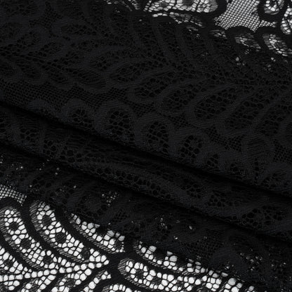 Nylon Raschel Lace Panel with Finished Scalloped Edges - Black Fern Leaves