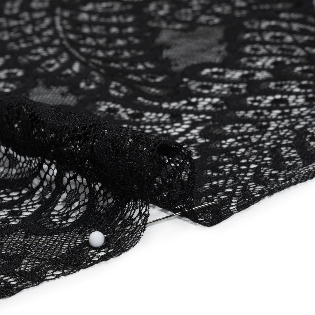 Nylon Raschel Lace Panel with Finished Scalloped Edges - Black Fern Leaves - Detail