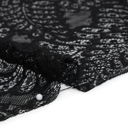 Nylon Raschel Lace Panel with Finished Scalloped Edges - Black Fern Leaves